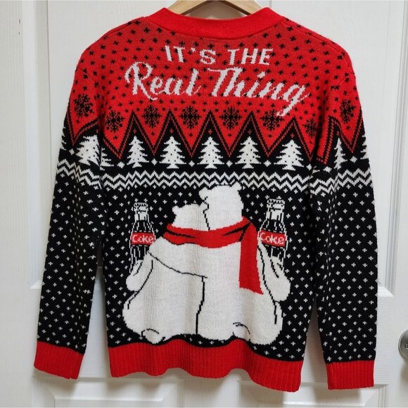 Coca Cola Cardigan Sweater XS Red Black White Bears Real Thing Pom Poms Novelty - Picture 7 of 12